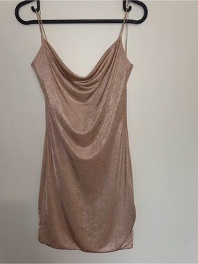 Metallic Rose Gold Cowl Neck Mini Dress